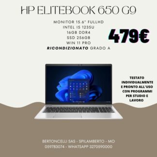 HP ELITEBOOK 650 G9,479,Monitor 15.6" FullHD - Intel i5 1235U - 16GB DDR4 - SSD 256GB - Win 11 Pro - Ricondizionato Grado A