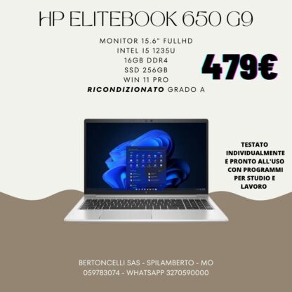HP ELITEBOOK 650 G9,479,Monitor 15.6" FullHD - Intel i5 1235U - 16GB DDR4 - SSD 256GB - Win 11 Pro - Ricondizionato Grado A